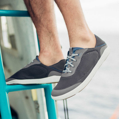 OluKai Quality | Moku Pae Men's Boat Shoes - Pavement / Vintage Blue