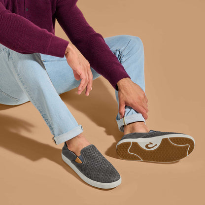 OluKai Hot Sale | Lae‘ahi Lauhala Men's Leather Slip-On Sneakers - Ash