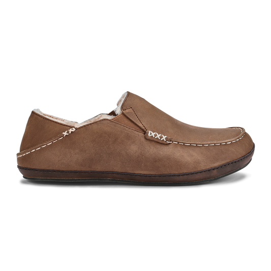 OluKai Sale | Moloā Men's Leather Slippers - Toffee / Dark Wood