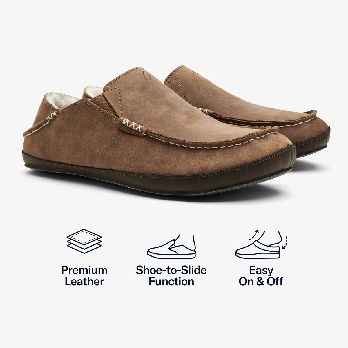 OluKai Sale | Moloā Men's Leather Slippers - Toffee / Dark Wood