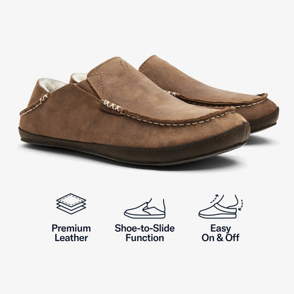 OluKai Sale | Moloā Men's Leather Slippers - Toffee / Dark Wood