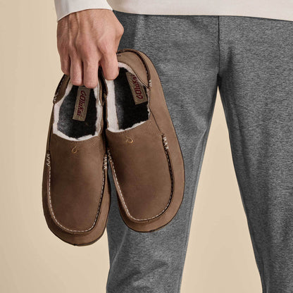 OluKai Sale | Moloā Men's Leather Slippers - Toffee / Dark Wood