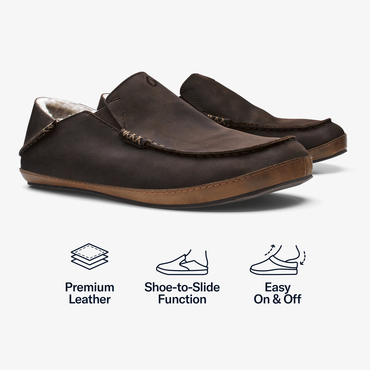 OluKai Recommended | Moloā Men's Nubuck Leather Slippers - Dark Wood