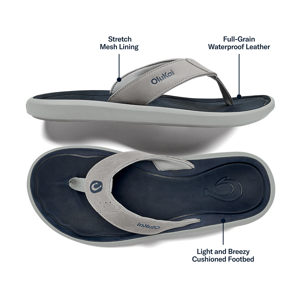 OluKai Discount | Pili Men’s Waterproof Leather Sandals - Ash / Mood Indigo