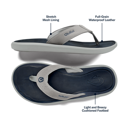 OluKai Discount | Pili Men’s Waterproof Leather Sandals - Ash / Mood Indigo