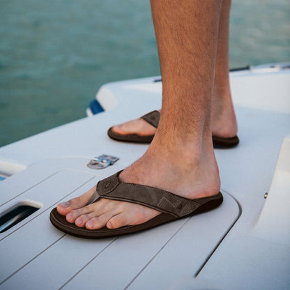 OluKai Premium | Tuahine Men's Waterproof Leather Beach Sandals - Dark Wood
