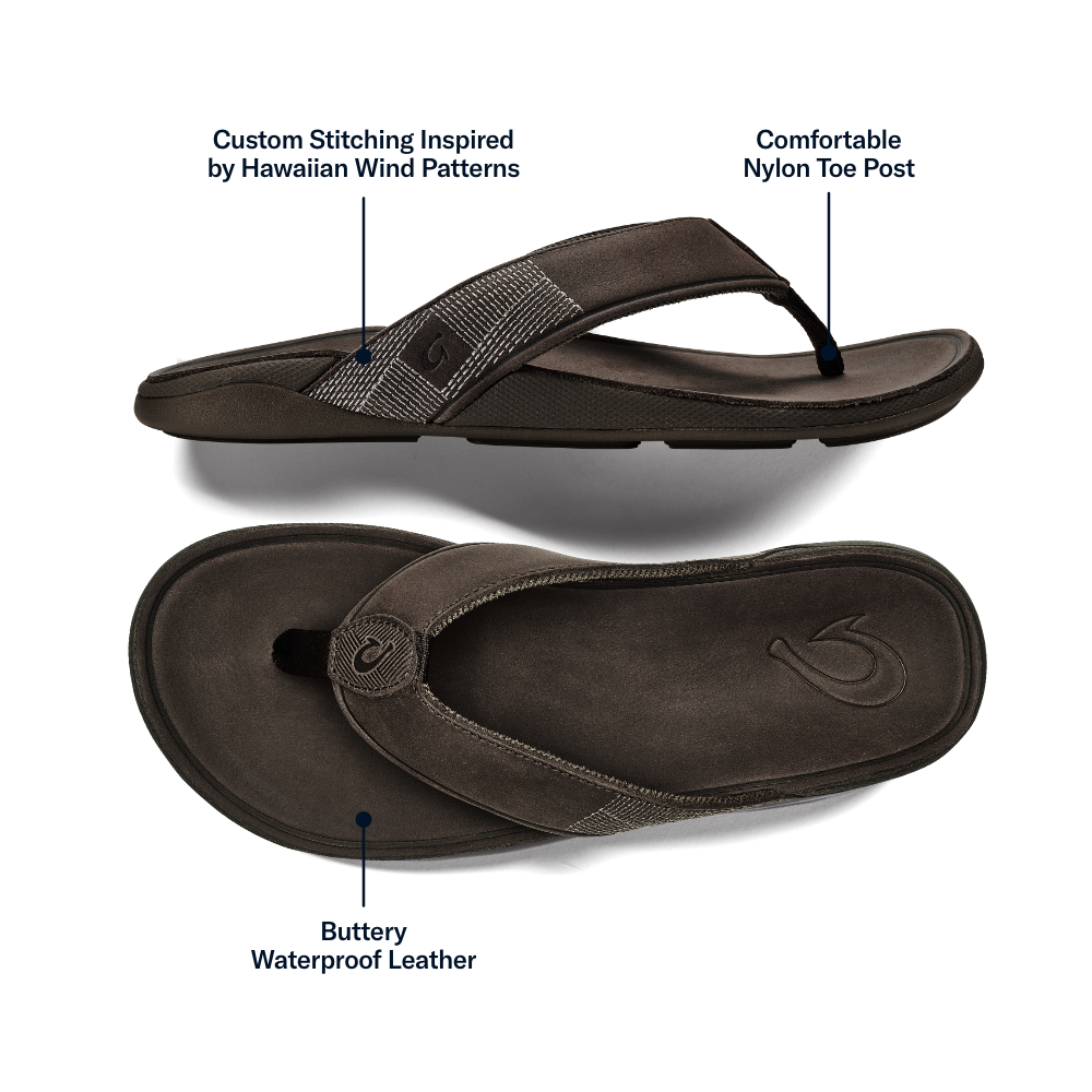 OluKai Premium | Tuahine Men's Waterproof Leather Beach Sandals - Dark Wood