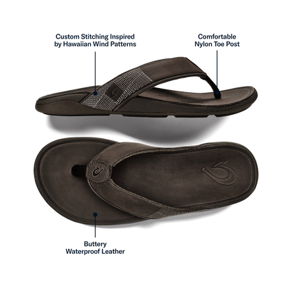 OluKai Premium | Tuahine Men's Waterproof Leather Beach Sandals - Dark Wood