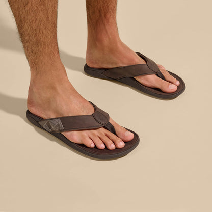 OluKai Premium | Tuahine Men's Waterproof Leather Beach Sandals - Dark Wood