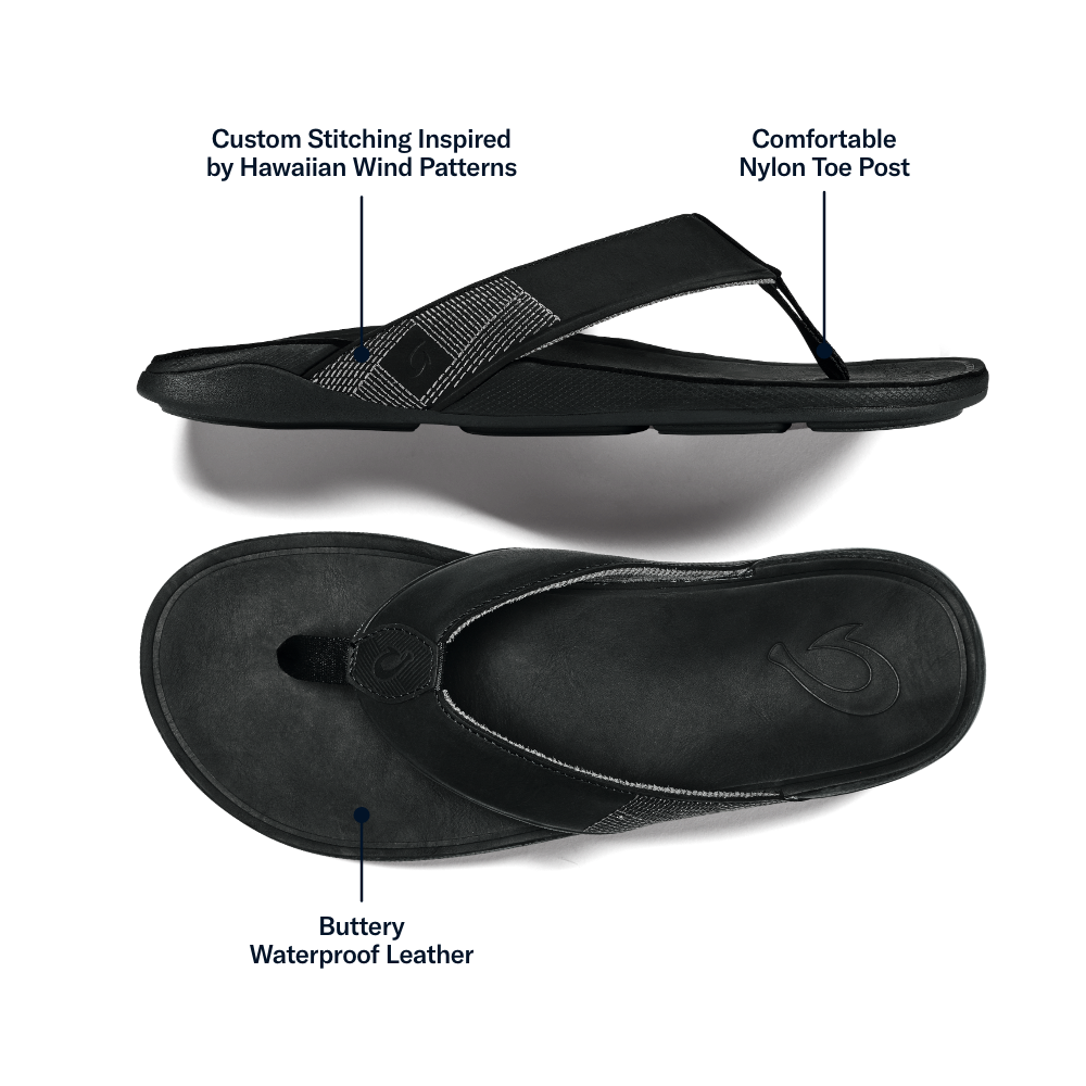 OluKai Customer Favorite | Tuahine Men's Waterproof Leather Beach Sandals - Black