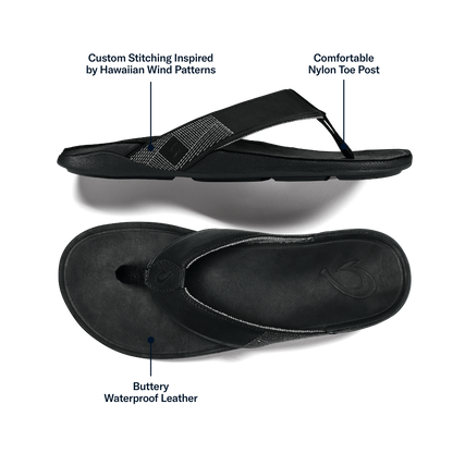 OluKai Customer Favorite | Tuahine Men's Waterproof Leather Beach Sandals - Black