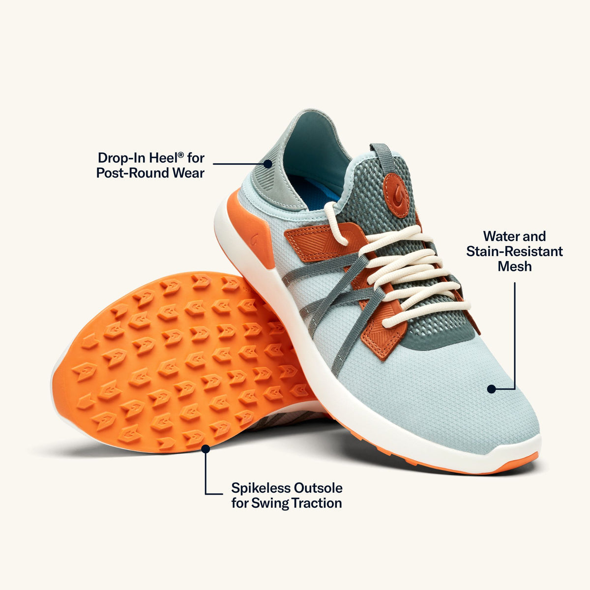 OluKai Trending | Manele Men’s Breathable Golf Shoes - Pale Moss / Molten Orange