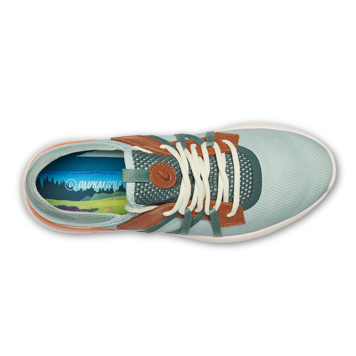 OluKai Trending | Manele Men’s Breathable Golf Shoes - Pale Moss / Molten Orange