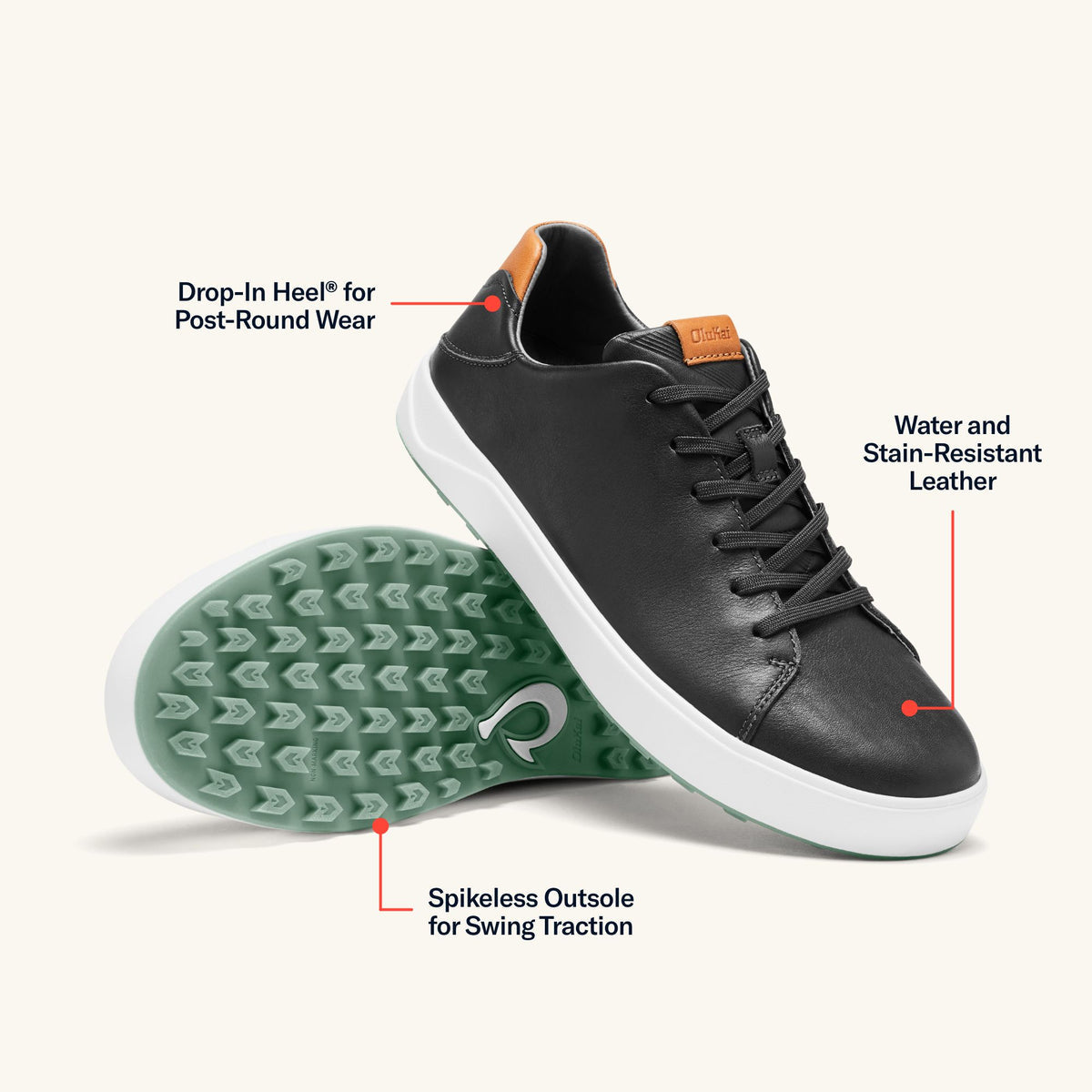 OluKai Premium | Wai‘alae Men’s Waterproof Leather Golf Shoes - Black